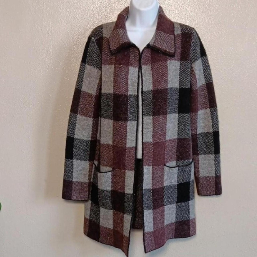 Plaid Wool Blend, Open Front Cardigan Sweater With Pockets Fall Winter Tahari XS